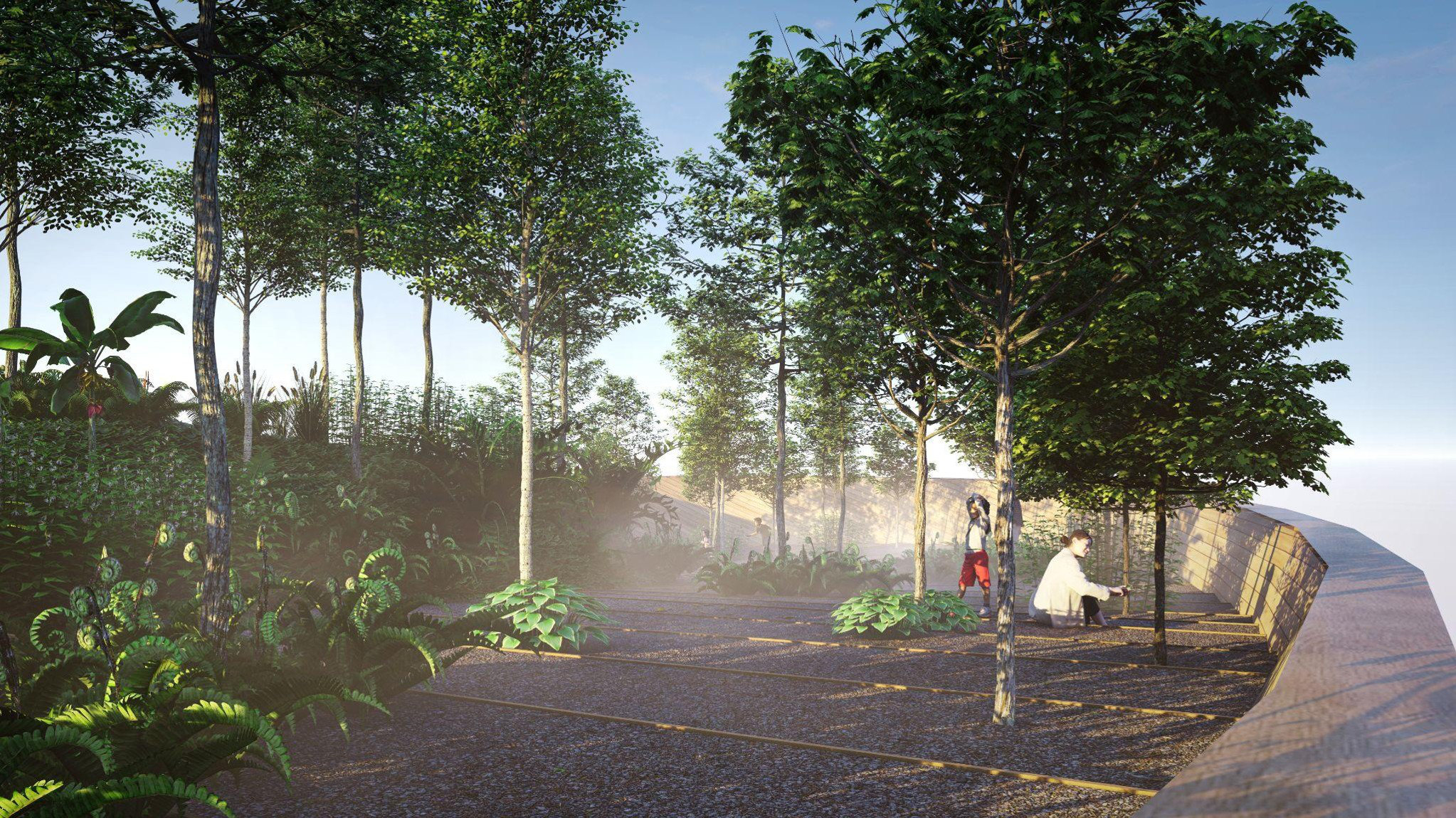 A landscaped public plaza featuring a open planned terraced rooftop garden with tropical landscape for the Malaysia Pavilion Concept, Osaka World Expo 2025.