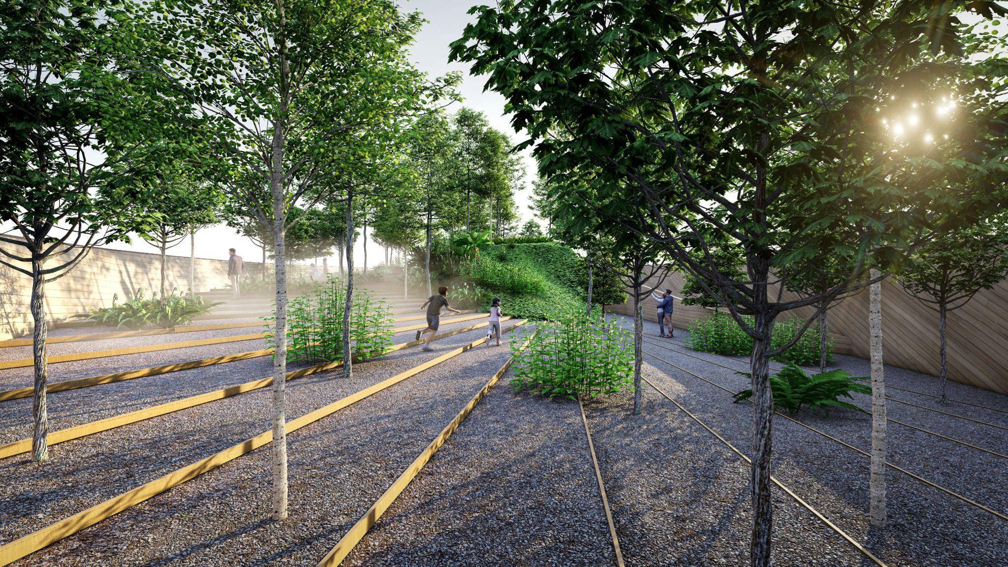 A landscaped public plaza featuring a open planned terraced rooftop garden for the Malaysia Pavilion Concept, Osaka World Expo 2025.