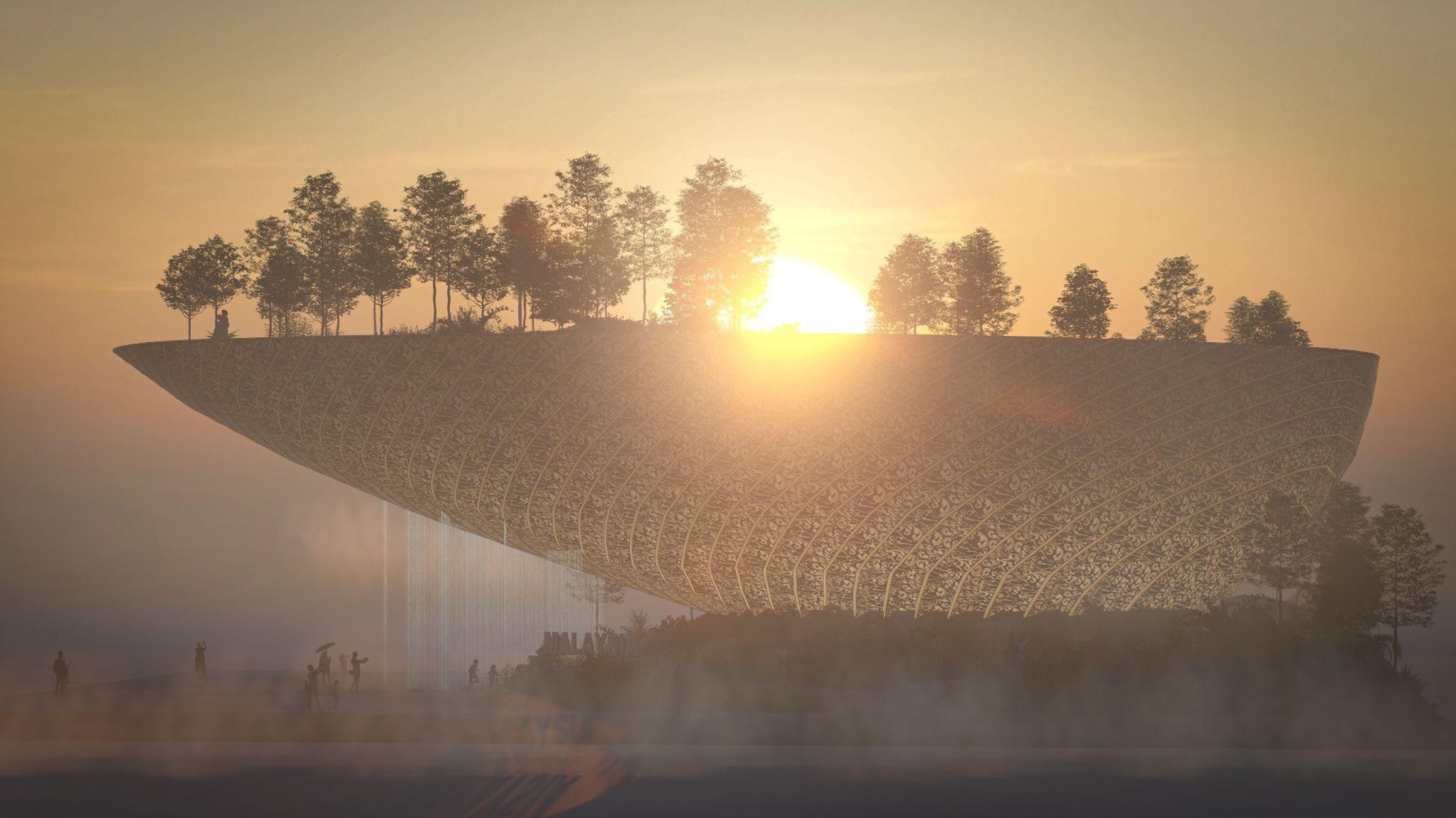 An aerial view of an exhibition pavilion with sunlight filtering through a lush rooftop garden canopy for the Malaysia Pavilion Concept, Osaka World Expo 2025.