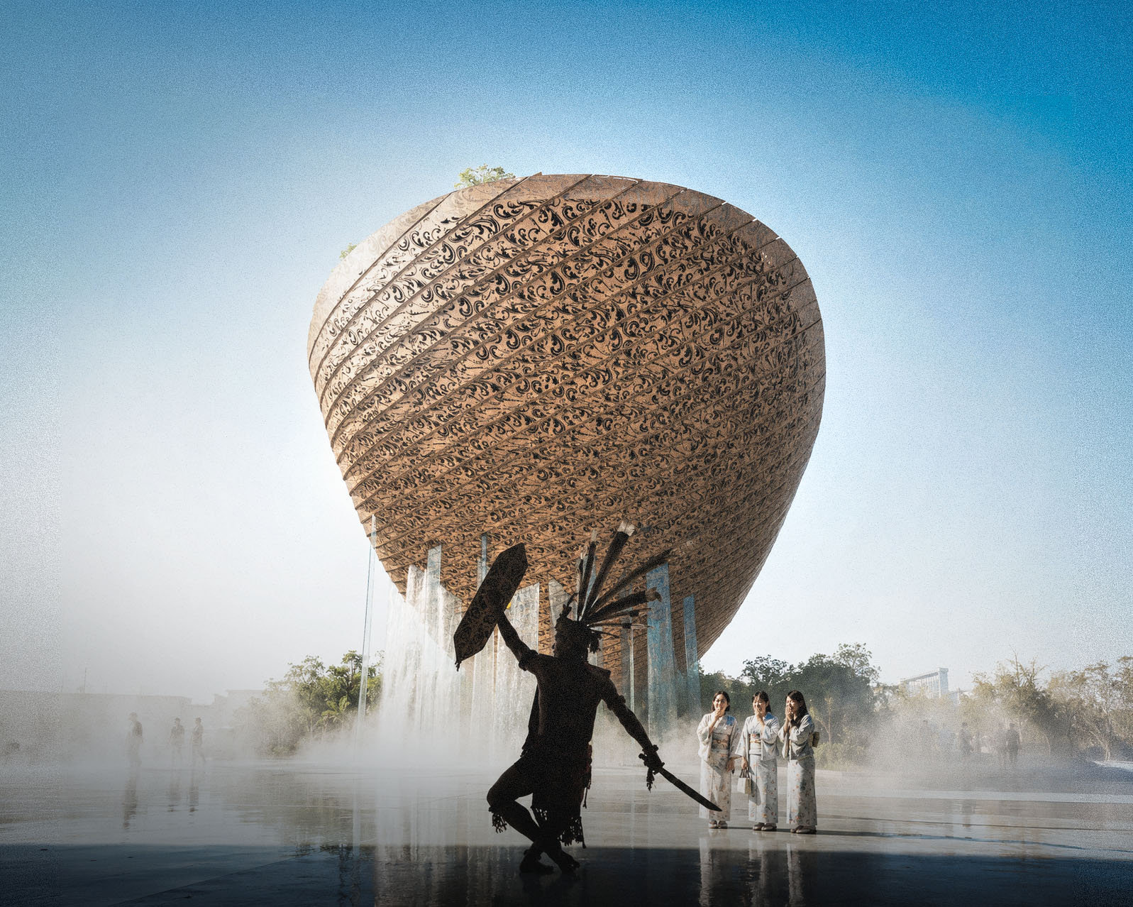 An exhibition pavilion featuring woven batik-inspired facade patterns, integrated over a public plaza water feature for the Malaysia Pavilion Concept, Osaka World Expo 2025.