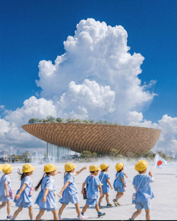 An exhibition pavilion featuring woven batik-inspired facade patterns, integrated over a public plaza water feature for the Malaysia Pavilion Concept, Osaka World Expo 2025.