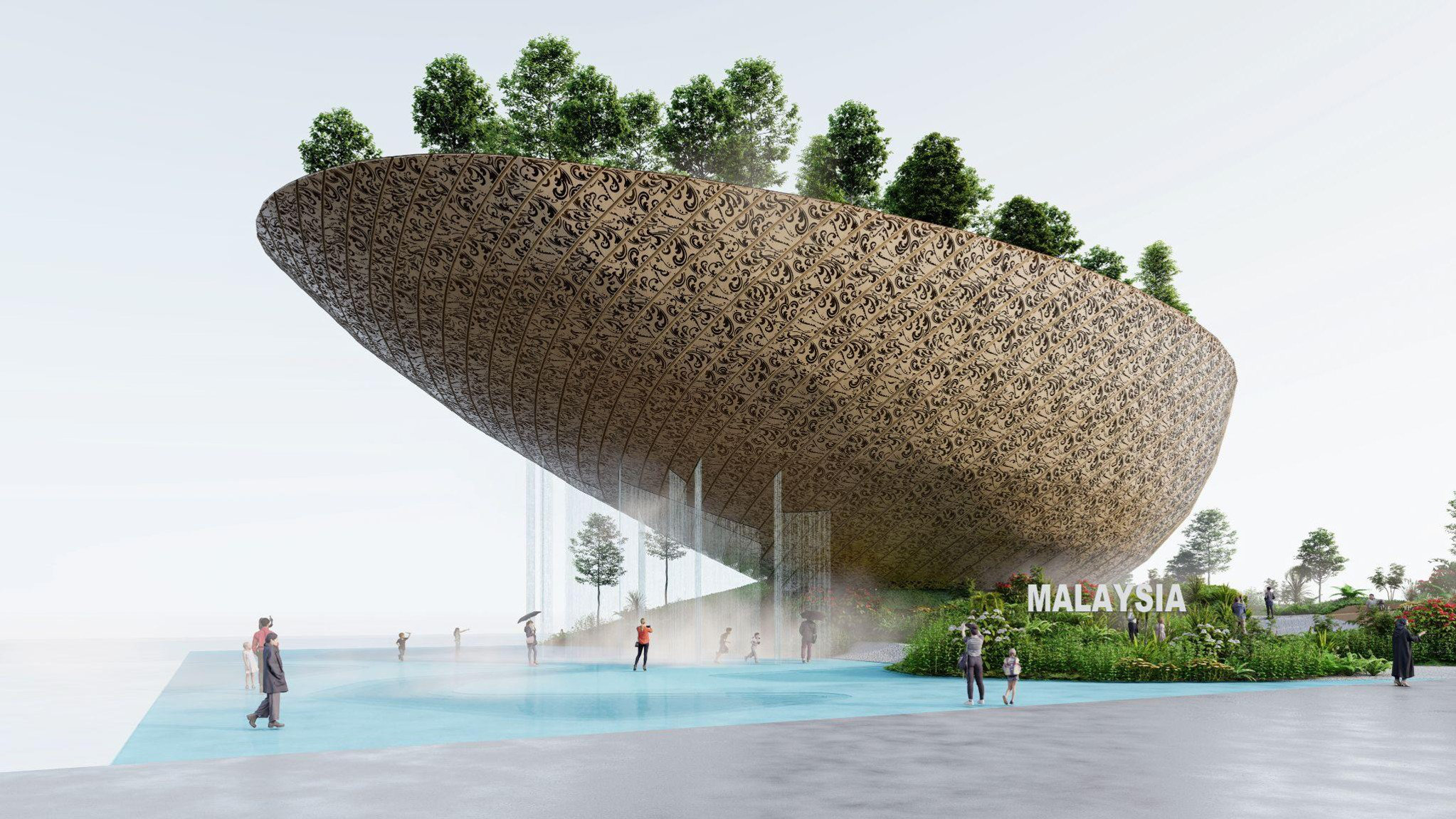An garden exhibition pavilion featuring woven batik-inspired facade patterns, integrated over a public plaza water feature for the Malaysia Pavilion Concept, Osaka World Expo 2025.