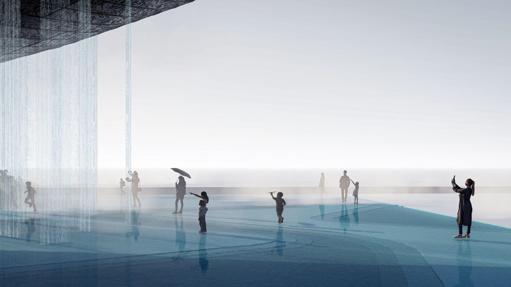 A public waterfront plaza with cascading water curtains and integrated shallow pools for the Malaysia Pavilion Concept, Osaka World Expo 2025.